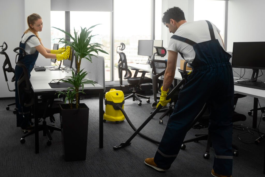 full shot people cleaning office